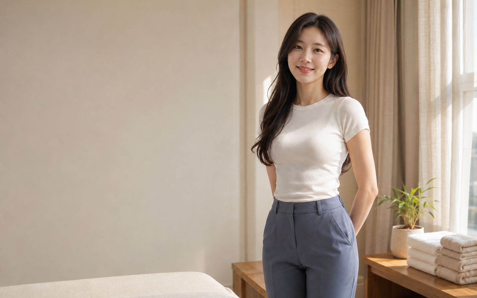 서울 신사동 방문 홈케어를 안내하는 젊은 성인 한국 여성 관리사